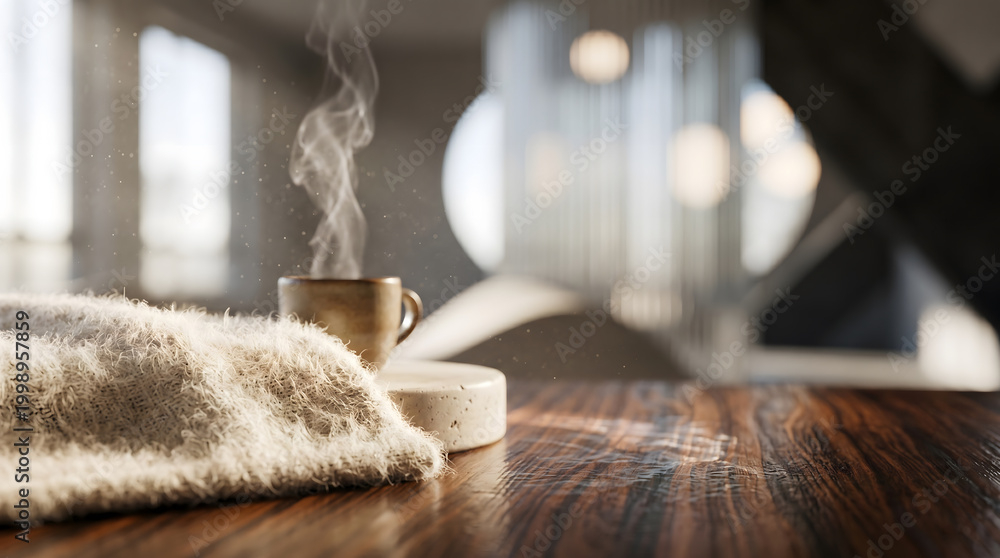 Fototapeta premium Warm Cozy Coffee Scene on Rustic Wood Table