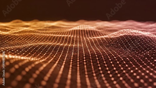 Abstract Digital Network Grid with Orange and Brown Glowing Particles on a Dark Background