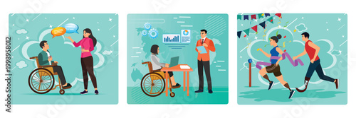 Social adaptation of disabled people. Disabled employment. Disabled sports concept.
