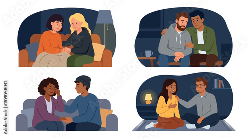 Four illustrations showing diverse pairs of people comforting and supporting each other in various indoor settings, emphasizing empathy and emotional connection.