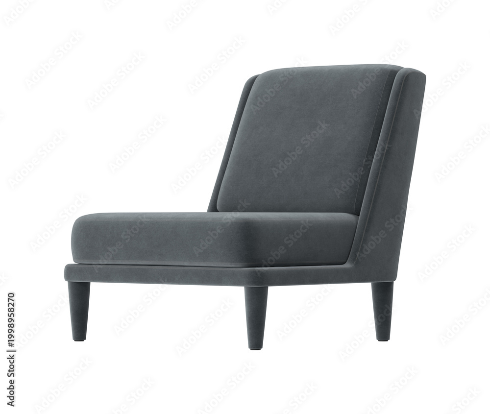 Fototapeta premium Modern gray upholstered accent chair with tapered legs on a white background