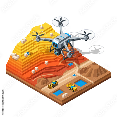 Drone Surveying Mining Site with Trucks and Terrain Model.