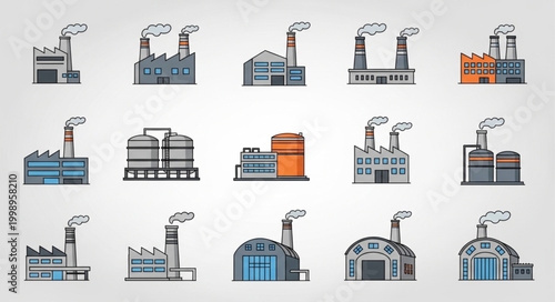 Collection of Industrial Factory Buildings with Smoke Stacks.