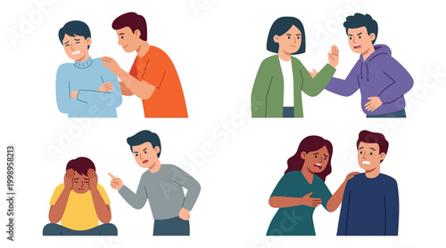 Four illustrations depicting various human interactions, including comfort, disagreement, scolding, and support, highlighting different emotional states and social dynamics.