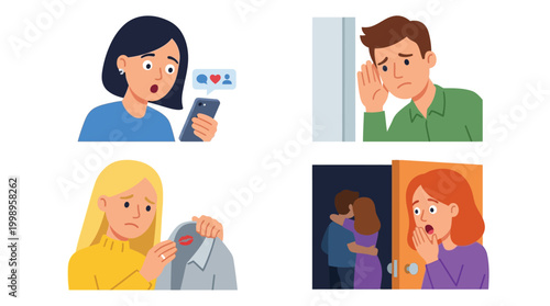 various scenarios of relationship problems, including online jealousy, eavesdropping, discovering infidelity through a lipstick stain, and witnessing a partner with another person.