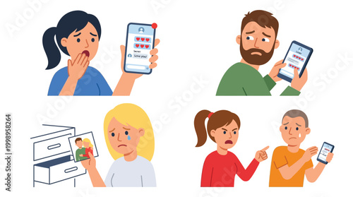 Four vignettes illustrating various emotional struggles and relationship problems, including phone-related distress, heartbreak, and conflict.