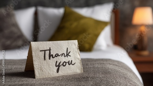 Thank You Card on Bed with Cozy Decor in Background, Warm Hospitality Gesture in Stylish Contemporary Hotel Room