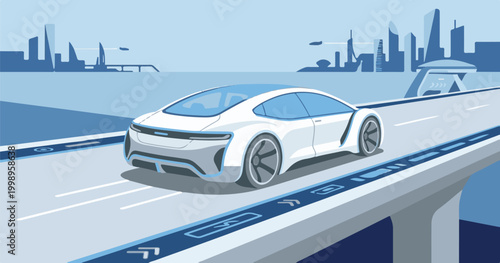 A fast blue sport automobile drives through heavy city traffic as white vehicles and police transport trucks move along the busy urban road in a blur of motion