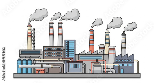 Industrial factory with smoking chimneys and buildings illustration.