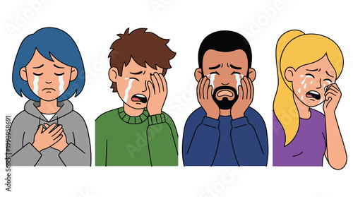 Four diverse people, two women and two men, crying with tears streaming down their faces, expressing sadness and emotional distress.