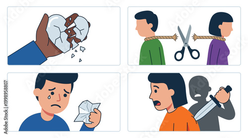 A four-panel illustration depicting various emotional and social challenges, including heartbreak, relationship separation, profound sadness, and a menacing threat.