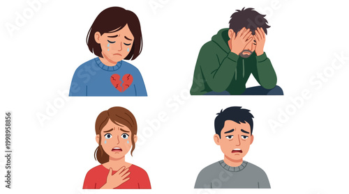 Four diverse individuals experiencing profound sadness and emotional distress, depicting various forms of grief and heartbreak.