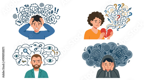 Four illustrations depicting people experiencing various negative emotions, mental health issues, stress, anxiety, and heartbreak.