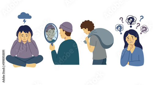 Four illustrations representing different aspects of mental health struggles: sadness, distorted self-image, carrying burdens, and confusion.