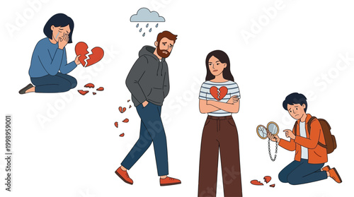 Illustrations of various people experiencing heartbreak, emotional pain, and the aftermath of broken relationships, symbolizing loss and sadness.