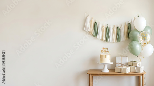 Birthday celebration setup with white and green balloons and a c