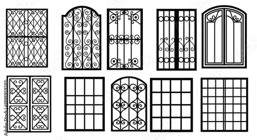Foto Collection of ornate wrought iron window gate silhouettes with decorative swirls