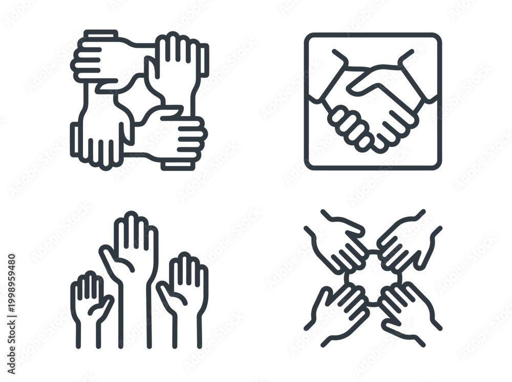 Fototapeta premium Set of Minimalist Teamwork and Collaboration Line Icons Representing Partnership, Unity, Community Support, and Professional Agreement