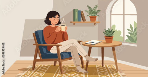 A young woman sits on a wooden chair with a laptop in a luxury home office interior, checking her watch near a window with elegant decor and natural light