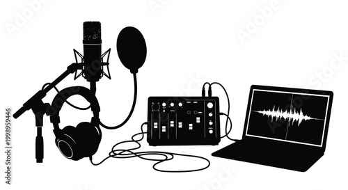 Black silhouette of a professional recording studio setup with microphones and laptop silhouette high quality detailed modern elegant stylish clean crisp vibrant colorful