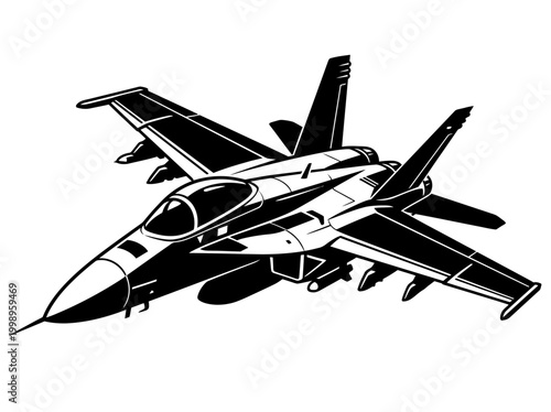 Military Fighter Jet Vector Graphic - Black and White Modern Supersonic Aircraft Illustration