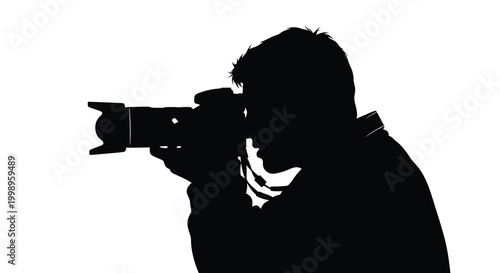 Photographer with camera taking pictures side view black and white silhouette high quality professional detailed modern elegant stylish clean crisp vibrant colorful digital