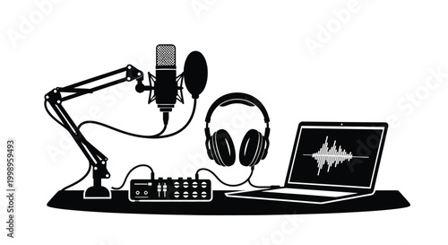 Black silhouette of a podcasting setup with microphone headphones laptop and audio mixer silhouette high quality professional detailed modern elegant stylish clean crisp