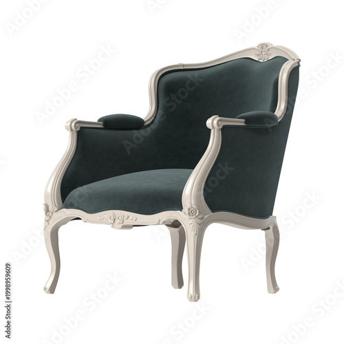 Elegant vintage armchair with dark teal velvet upholstery and ornate white frame