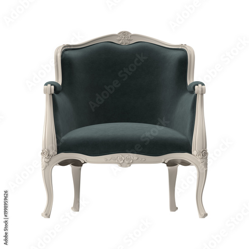 Elegant armchair with ornate carved details and plush dark teal velvet upholstery