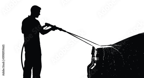Man washing a car with a high pressure washer side view black and white silhouette high quality professional detailed modern elegant stylish clean