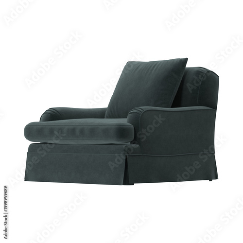 Comfortable upholstered armchair with plush cushions and skirted base