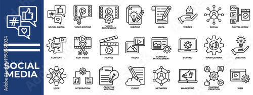 Social Media icon set collection. Containing operation, collaboration, communicate, creation, movie, cinema, insurance .Line vector icons collection