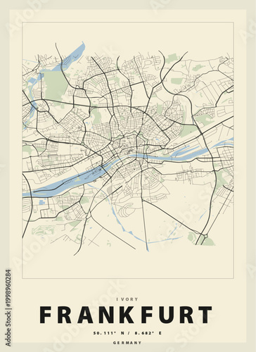 Ivory map of frankfurt germany with streets and waterways shown