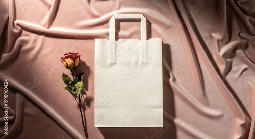 Blank white paper shopping bag mockup with a single rose on elegant pink satin fabric background, top view