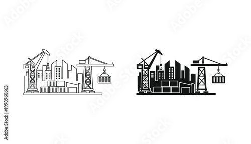 Construction site with cranes and cargo containers vector icon set in outline and solid black styles for urban development and logistics planning