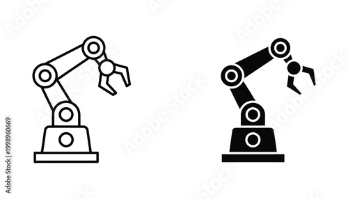 Industrial robotic arm vector icon set in outline and solid black styles for automation and manufacturing technology design projects