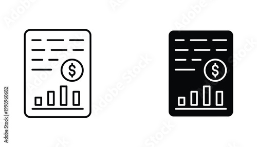 Financial report document with bar chart vector icon set in outline and solid black styles for business analysis and accounting dashboards