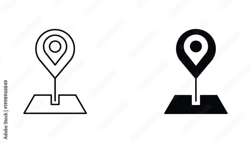 Fototapeta premium Location pin on map base icon in outline and solid vector styles for navigation and geolocation services on digital platforms