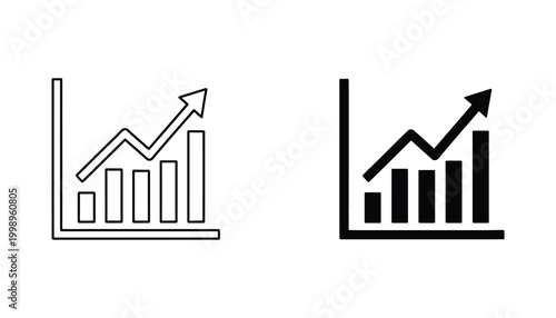 Rising bar chart growth icon set in solid and outline styles for financial reports