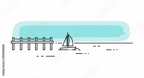 Minimalist Line Art: Sailboat and Pier on Calm Water with Turquoise Sky