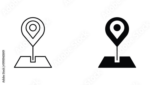 Location pin on map base icon in outline and solid vector styles for navigation and geolocation services on digital platforms