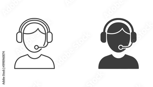 Customer support representative icon with headset in outline and solid vector styles for contact center and help desk services