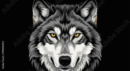 Detailed illustration of a fierce gray wolf head with piercing yellow eyes on black background.
