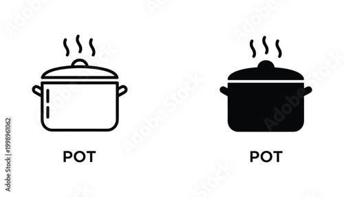 Cooking pot with steam icon representing food preparation and kitchen culinary arts in vector illustration set for restaurant menu and home cooking design projects