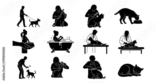 pet care activities silhouettes on transparent background