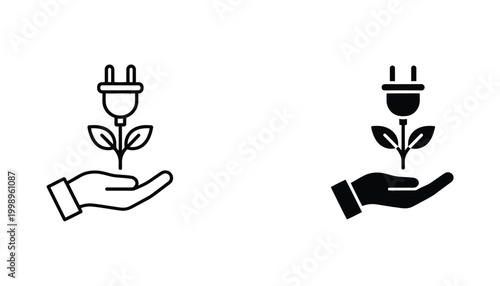 Hand holding electric plug with sprout icon representing green energy and sustainable technology in vector illustration for environmental awareness and renewable power concepts