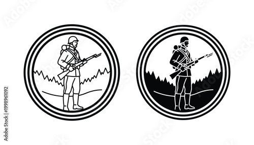 Vintage soldier holding rifle in circular emblem frame representing military service and historical defense in bold black and white vector illustration for patriotic graphic design projects