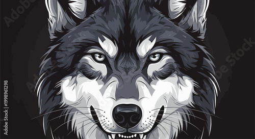 Illustration of a fierce wolf head with intense eyes and detailed fur.