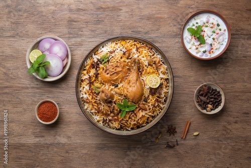 Top View Flat Lay of Chicken Biryani with Spices and Raita on Wooden Table