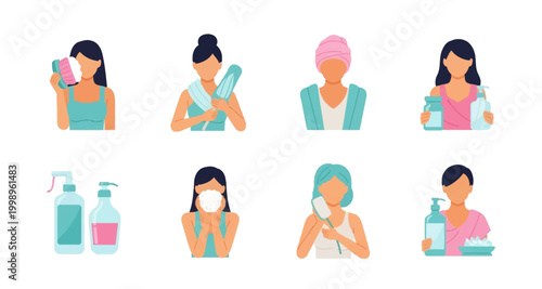 women performing various skincare routines on transparent background